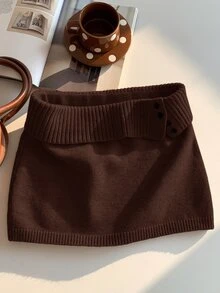 Comfortcana Women's Solid Color Knitted Ribbed Casual Versatile Sweater Skirt, Korean Style In Autumn/ Dark Brown School Travel - Chocolate Brown - View 3