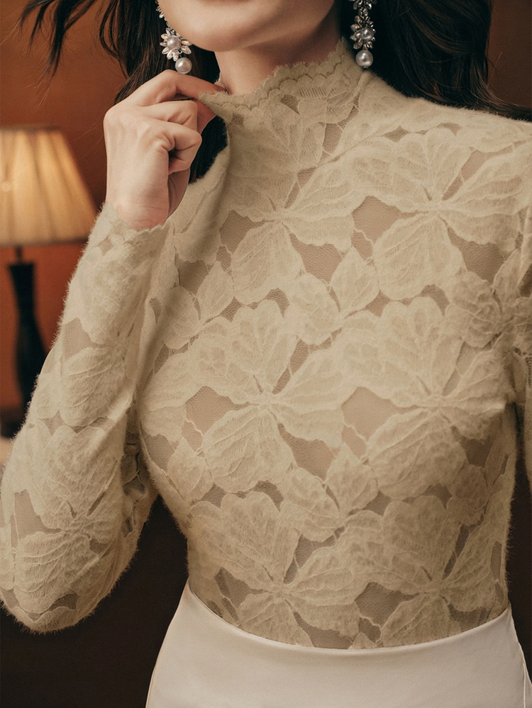 Anewsta Elegante, de moda, sexy y versátil, camiseta interior de encaje transparente y texturizada de manga larga, adecuada para otoño, invierno, primavera, Año Nuevo, fiestas, bodas - Caqui - Añade 2