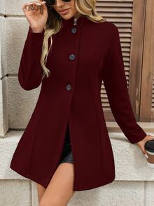 INAWLY Women's Wool Blend Coat, Simple Solid Color Casual Outerwear For Autumn/Winter, Coats Women, Jackets - Burgundy - View 3