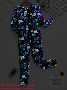 Tween Boys' Video Game Luminous Graphic Front Zipper Long Sleeve Fall Jumpsuit Snug Fit Loungewear Crew Neck Knit Cartoon Pants Black And Pink Cute - Multicolor - View 9