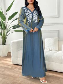 Yasmyna 女款土耳其式阿拉伯傳統長袍 Abaya，端莊優雅風 Jalabiya，適合休閒日常、冬季生日穿著 - 藍色 - 查看 4