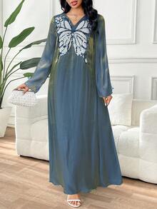 Yasmyna 女款土耳其式阿拉伯傳統長袍 Abaya，端莊優雅風 Jalabiya，適合休閒日常、冬季生日穿著 - 藍色 - 查看 6