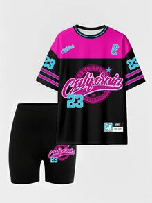 SHEIN 女童休闲时尚创意粉蓝黑撞色23号字母标语印花短袖T恤和自行车短裤套装 - 彩色 - 查看 6