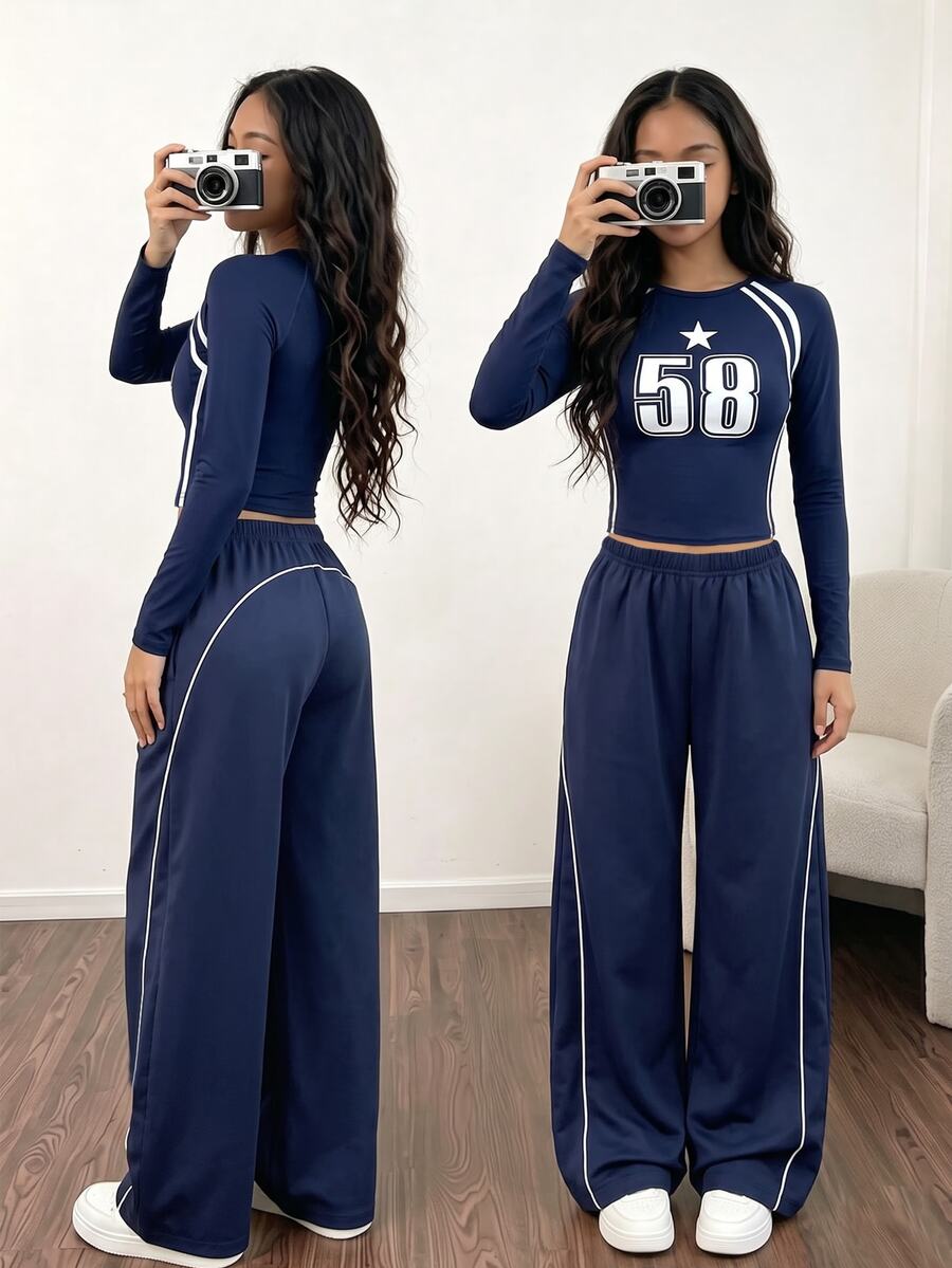 SHEIN ChillGRL Two-Piece Set For Older Girls: Navy Blue Number Print Knitted Fitted Short-Sleeved Top Paired With Loose-Fitting Casual Combed Trousers.