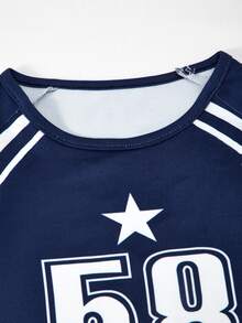 SHEIN ChillGRL Two-Piece Set For Older Girls: Navy Blue Number Print Knitted Fitted Short-Sleeved Top Paired With Loose-Fitting Casual Combed Trousers. - Blue - View 4