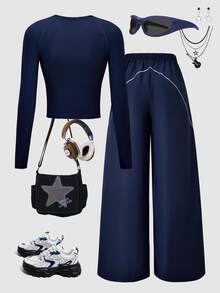 SHEIN ChillGRL Two-Piece Set For Older Girls: Navy Blue Number Print Knitted Fitted Short-Sleeved Top Paired With Loose-Fitting Casual Combed Trousers. - Blue - View 3