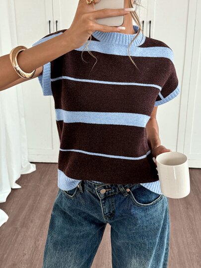 Siren Gaze 2026 New Arrival Women's Lulicore Brown Striped Knit Loose Casual Preppy Short Sleeve Crew Neck Top Summer Back-To-School School Off Campus