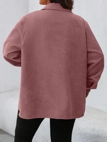 SHEIN LUNE 大尺碼休閒優雅純色前口袋鈕扣夾克，秋季外出度假夜店綠色 - 藕粉色 - 查看 2