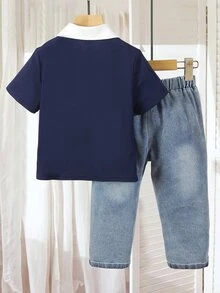 Genkimix Kids 小男孩校園套裝，深藍色短袖 Polo 衫配淺藍色牛仔褲，夏季職業日返校穿搭 - 藏蓝色 - 查看 3