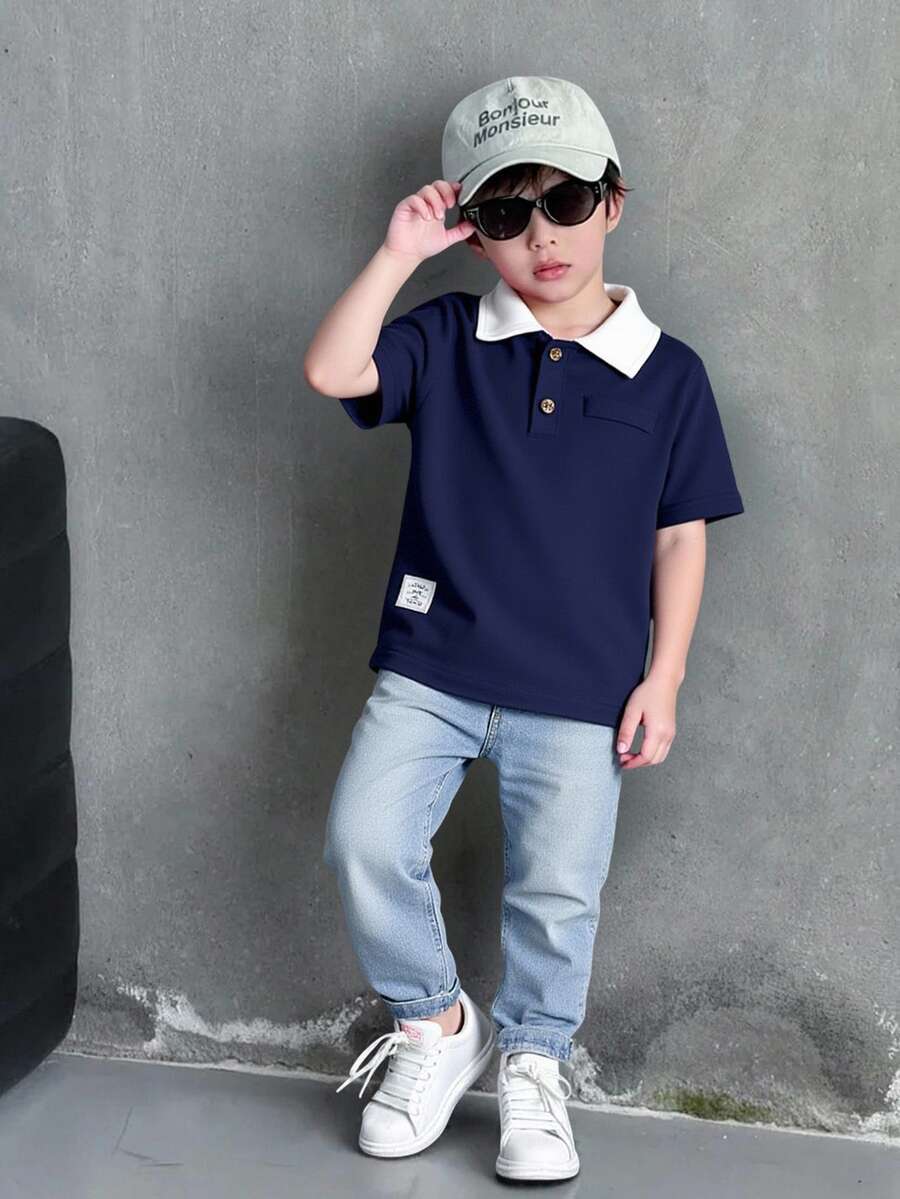 Genkimix Kids 小男孩校園套裝，深藍色短袖 Polo 衫配淺藍色牛仔褲，夏季職業日返校穿搭
