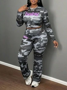 Slaydiva Women's Plus Size 2 Pieces Set Camouflage&Baby Print Long Sleeve Pants Set,Autumn,Plain Grey,Kawaii,Rave,Casual Camo Outfit For Party,School,Curve - Multicolor - View 3