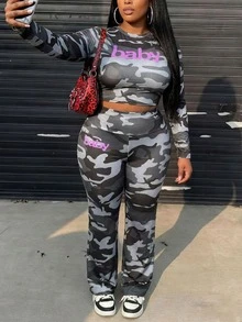 Slaydiva Women's Plus Size 2 Pieces Set Camouflage&Baby Print Long Sleeve Pants Set,Autumn,Plain Grey,Kawaii,Rave,Casual Camo Outfit For Party,School,Curve - Multicolor - View 2