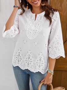 Faunlyn Women's Notched Collar Three-Quarter Sleeve Shirt - White - View 3