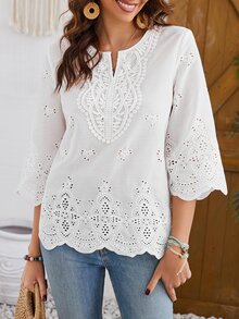 Faunlyn Women's Notched Collar Three-Quarter Sleeve Shirt - White - View 5