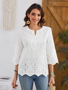 Faunlyn Women's Notched Collar Three-Quarter Sleeve Shirt - White - View 7