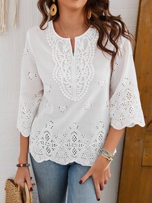 Faunlyn Women's Notched Collar Three-Quarter Sleeve Shirt - White - View 6