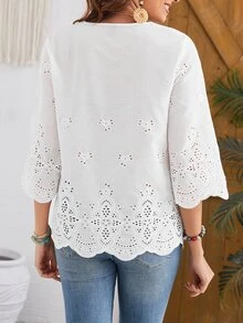Faunlyn Women's Notched Collar Three-Quarter Sleeve Shirt - White - View 2
