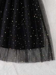 SHEIN 青少年女孩 2件組休閒可愛圓領短袖T恤搭配優雅網紗亮片迷你裙 春夏套裝 新年生日 白色黑色 - 黑色 - 查看 7