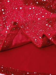 SHEIN Girls' Christmas Velvet Star & Silver Foil Collar Long Sleeve Dress, Fleece, Fall Dresses, Fall, Contrast Color Patchwork Design, Suitable For Party - Red - View 6