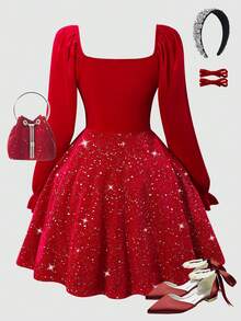 SHEIN Girls' Christmas Velvet Star & Silver Foil Collar Long Sleeve Dress, Fleece, Fall Dresses, Fall, Contrast Color Patchwork Design, Suitable For Party - Red - View 2