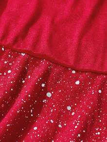 SHEIN Girls' Christmas Velvet Star & Silver Foil Collar Long Sleeve Dress, Fleece, Fall Dresses, Fall, Contrast Color Patchwork Design, Suitable For Party - Red - View 5