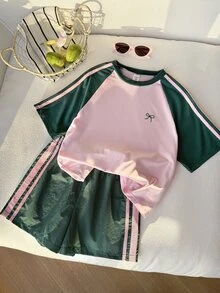 Sparklyn 青少年女孩 2件組圓領拼色短袖T恤與短褲迷你套裝，寬鬆版型輕量面料，度假健身穿搭，粉色與萊姆綠 - 粉色 - 查看 6