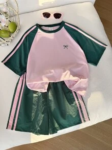 Sparklyn 青少年女孩 2件組圓領拼色短袖T恤與短褲迷你套裝，寬鬆版型輕量面料，度假健身穿搭，粉色與萊姆綠 - 粉色 - 查看 1