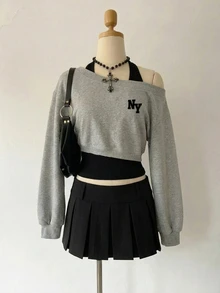 SHEIN MOD Sudadera casual para mujer, con bloques de color, asimétrica, con estampado de NY, adecuada para uso diario - Multicolor - Ver 6