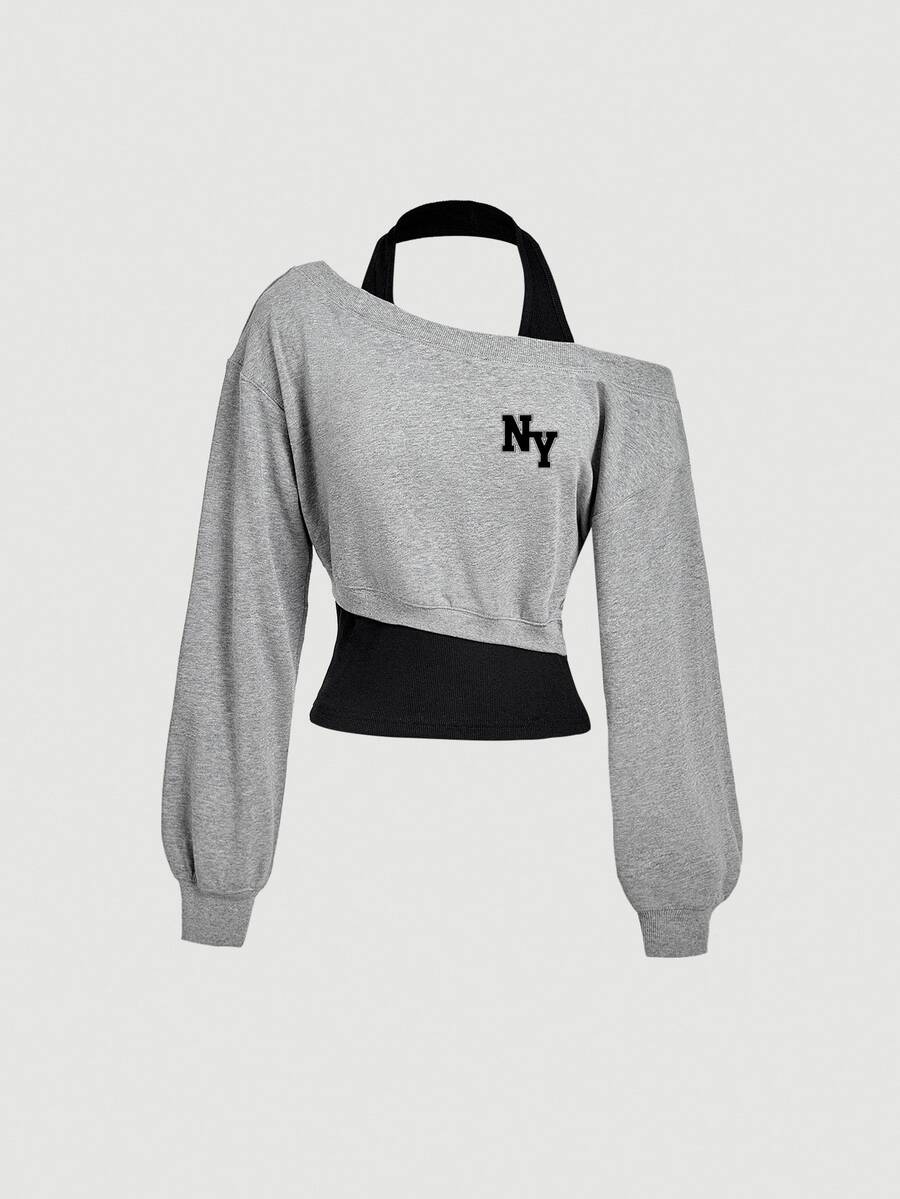 SHEIN MOD Sudadera casual para mujer, con bloques de color, asimétrica, con estampado de NY, adecuada para uso diario - Multicolor - Ver 1