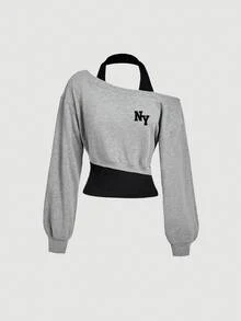 SHEIN MOD Sudadera casual para mujer, con bloques de color, asimétrica, con estampado de NY, adecuada para uso diario - Multicolor - Ver 5