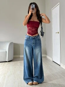 SHEIN EZwear Lace Patchwork Asymmetric Hem Sexy Sleeveless Strapless Crop Top - Burgundy - View 5
