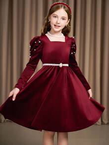 SHEIN Sparklyn 勃根地紅純色優雅可愛長袖洋裝，適合前青春期女孩秋季派對晚餐 - 酒紅色 - 查看 2
