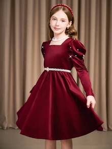 SHEIN Sparklyn 勃根地紅純色優雅可愛長袖洋裝，適合前青春期女孩秋季派對晚餐 - 酒紅色 - 查看 7