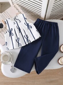 SHEIN 2件套女童时尚可爱3D蝴蝶结装饰无袖背心和七分裤套装，适合日常穿着，春夏皆宜 - 藍色 - 查看 1