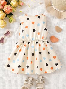 SHEIN Playful Pals 女嬰米色心形印花圓領無袖休閒可愛洋裝，派對度假夏季款 - 彩色 - 查看 2