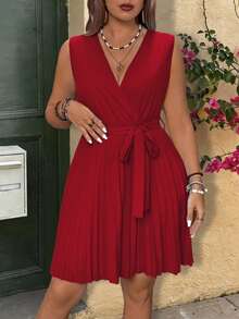 Rometta Dress Ukuran Plus Berikat Berlipat Membungkus Plain Casual - Burgundy - View 2