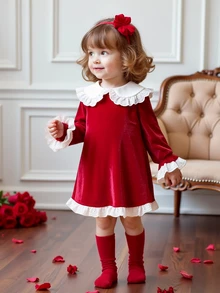 SHEIN Playful Pals Baby Girl Autumn/Winter Velvet Long Sleeve Dress, Red Color With Collar Ruffle Decor, Suitable For Casual, Outdoor, Party Occasions - Red - View 1