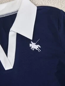 Teen Girls 2pcs/Set Short Sleeve Casual Streetwear Navy Blue Sport Set Summer Back-To-School Graduation Polo Collar Contrast Stitching Embroidered - Navy Blue - View 7