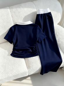 Teen Girls 2pcs/Set Short Sleeve Casual Streetwear Navy Blue Sport Set Summer Back-To-School Graduation Polo Collar Contrast Stitching Embroidered - Navy Blue - View 3