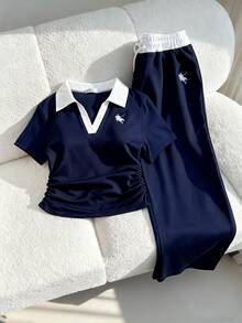 Teen Girls 2pcs/Set Short Sleeve Casual Streetwear Navy Blue Sport Set Summer Back-To-School Graduation Polo Collar Contrast Stitching Embroidered - Navy Blue - View 2