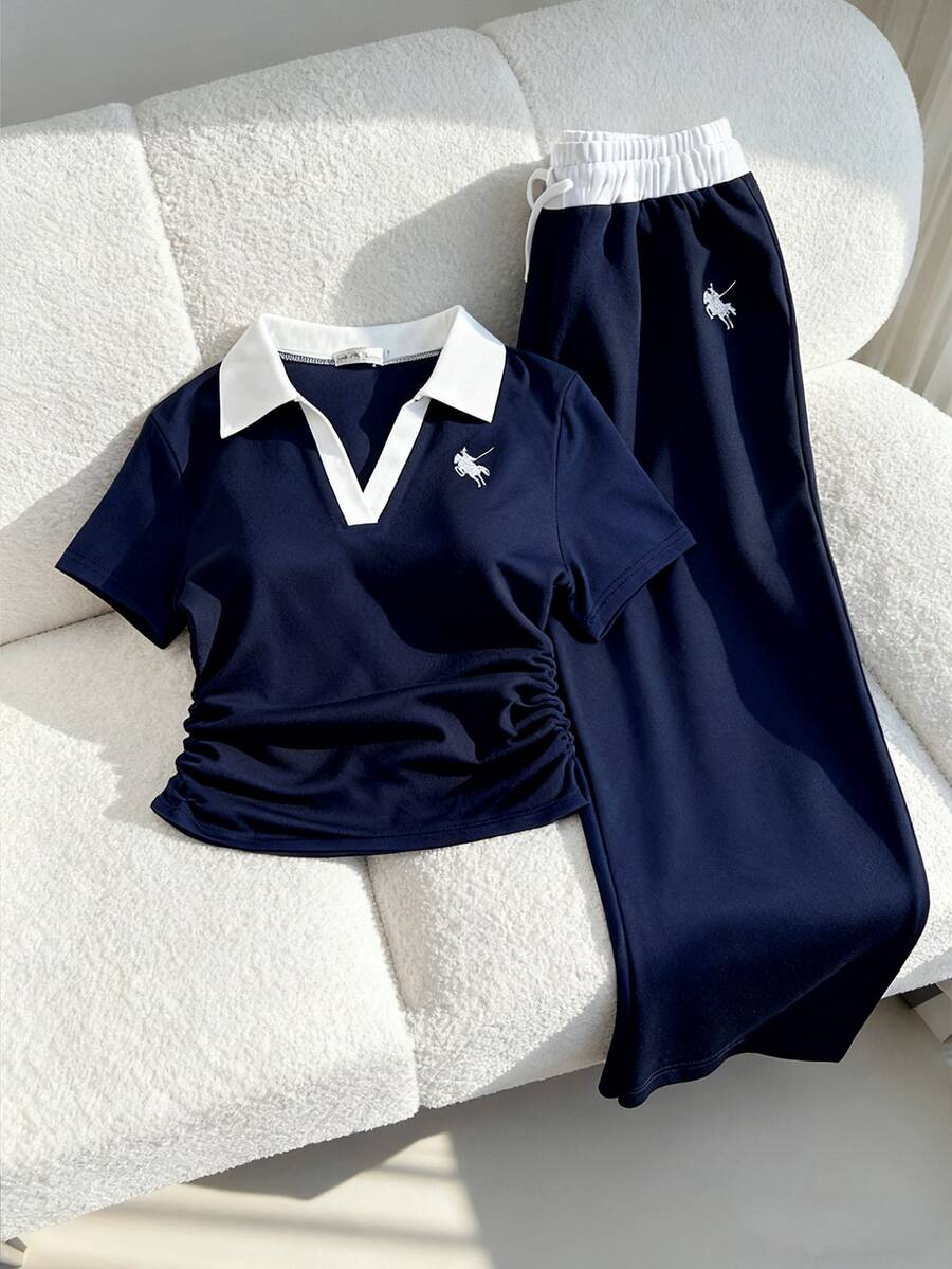 Teen Girls 2pcs/Set Short Sleeve Casual Streetwear Navy Blue Sport Set Summer Back-To-School Graduation Polo Collar Contrast Stitching Embroidered
