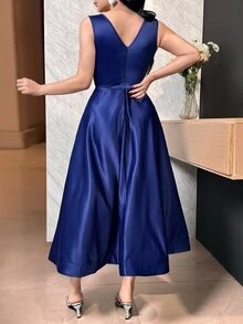 Feyla Women's Solid Color Rhinestone Decor Sleeveless Elegant Mid-Length Dress  Elegant Dresses For Party - Blue - View 2