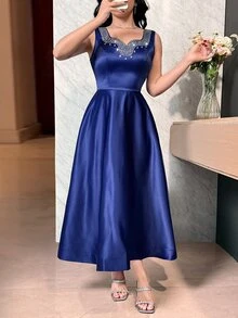 Feyla Women's Solid Color Rhinestone Decor Sleeveless Elegant Mid-Length Dress  Elegant Dresses For Party - Blue - View 3