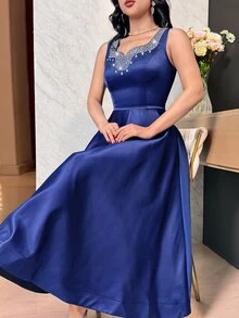 Feyla Women's Solid Color Rhinestone Decor Sleeveless Elegant Mid-Length Dress  Elegant Dresses For Party - Blue - View 4