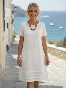 Faunlyn Vestido corto de manga corta de unicolor casual de verano - Blanco - Ver 5