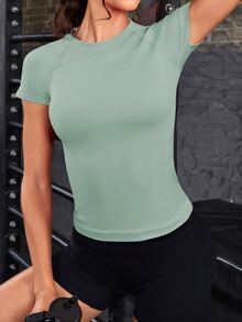 Powerista Women's Minimalist Solid Color Raglan Short Sleeve Seamless Sports T-Shirt, Summer - Green - View 5