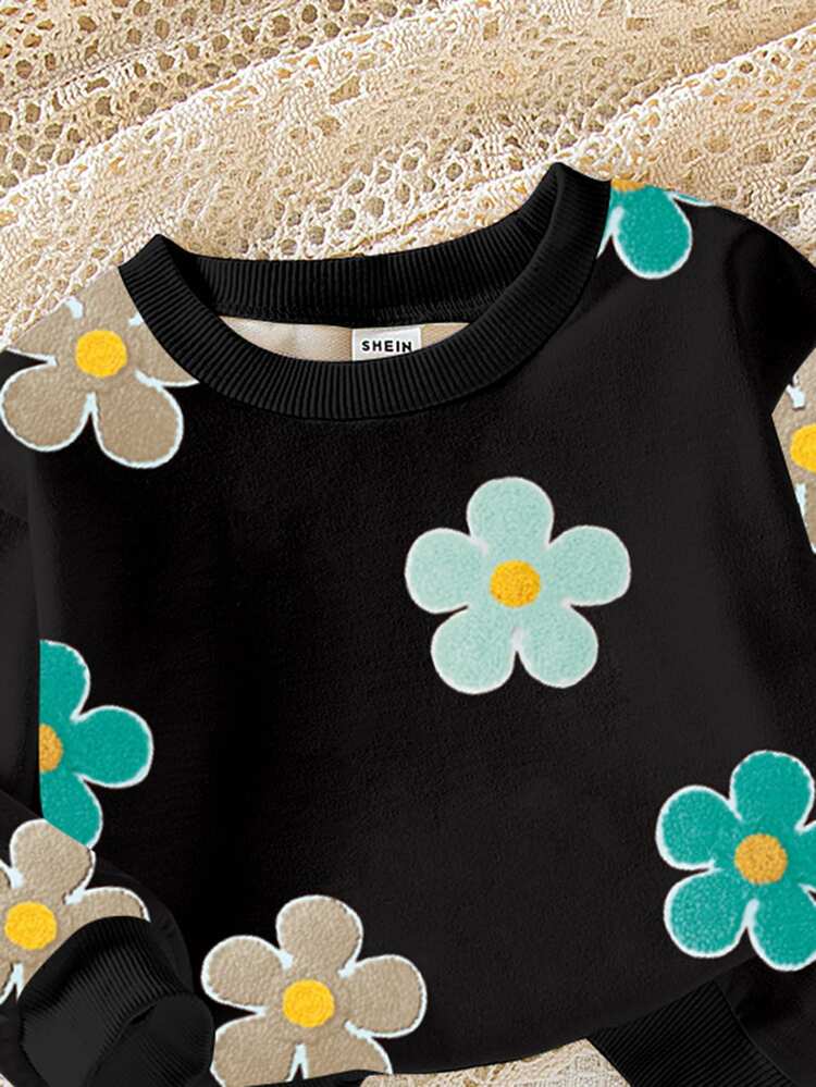 SHEIN Playful Pals 2pcs Baby Girls Casual Cute Kawaii Allover Floral Print Crew Neck Sweatshirt And Leggings Set, Adorable Sweet, Autumn/Winter Black Khaki Green - Multicolor - View 6
