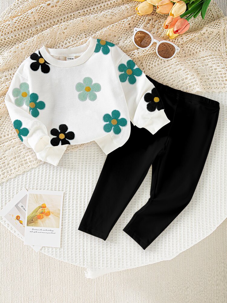 SHEIN Playful Pals 2pcs Baby Girls Allover Floral Print Crew Neck Sweatshirt And Leggings Set Black And White Autumn Cute Kawaii Back-To-School Vacation Adorable Sweet - Multicolor - View 3