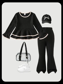 SHEIN 女童羅紋針織兩件套休閒服，對比滾邊圓領喇叭袖荷葉邊上衣與喇叭褲套裝，秋冬柔軟休閒女童衣著 - 黑色 - 查看 3