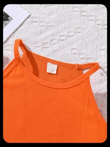SHEIN 女童針織背心上衣印花裙 2件套，夏季，套裝，家庭度假，假期，可愛風格穿搭 7歲生日 橘色白色 嬰兒 - 橘色 - 查看 3